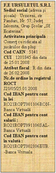 Text Box: F.E URSULETUL S.R.L
Sediul social (adresa i coala) : Urziceni, str Panduri, Nr. 57, Jude Ialomita, Grup colar Sf. Ecaterina.
Activitatea principal : Comer cu ridicata al jucriilor din plu
Cod CAEN : 5141
CUI : 1201845 din data de 25.01.2008
Atribut fiscal : R din data de 26.02.2008
Nr.de ordine n registrul ROCT : J21/05/25.01.2008
Cod IBAN pentru cont n lei : RO21ROPT001106RON-Banca Virtual
Cod IBAN pentru cont salarii : RO21ROPT091106SAL-Banca Virtual
Cod IBAN pentru cont n valut : RO21ROPT002106EUR
-Banca Vrituala
